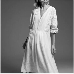 Zara White Long Sleeve Eyelet Midi Dress